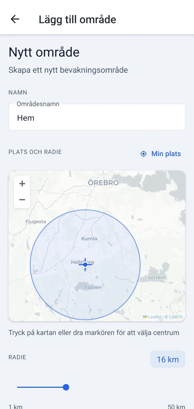 Karta med bevakningsområde